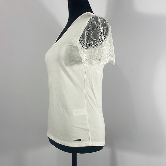Tahari white T, V neck, with lace, sheer short sleeves, XS - Picture 3 of 12